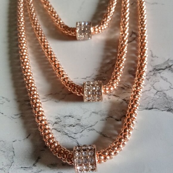 3 Tier Rose Gold Tone Popcorn Chain Each with crystal encrusted rondelle barrel - Picture 14 of 14